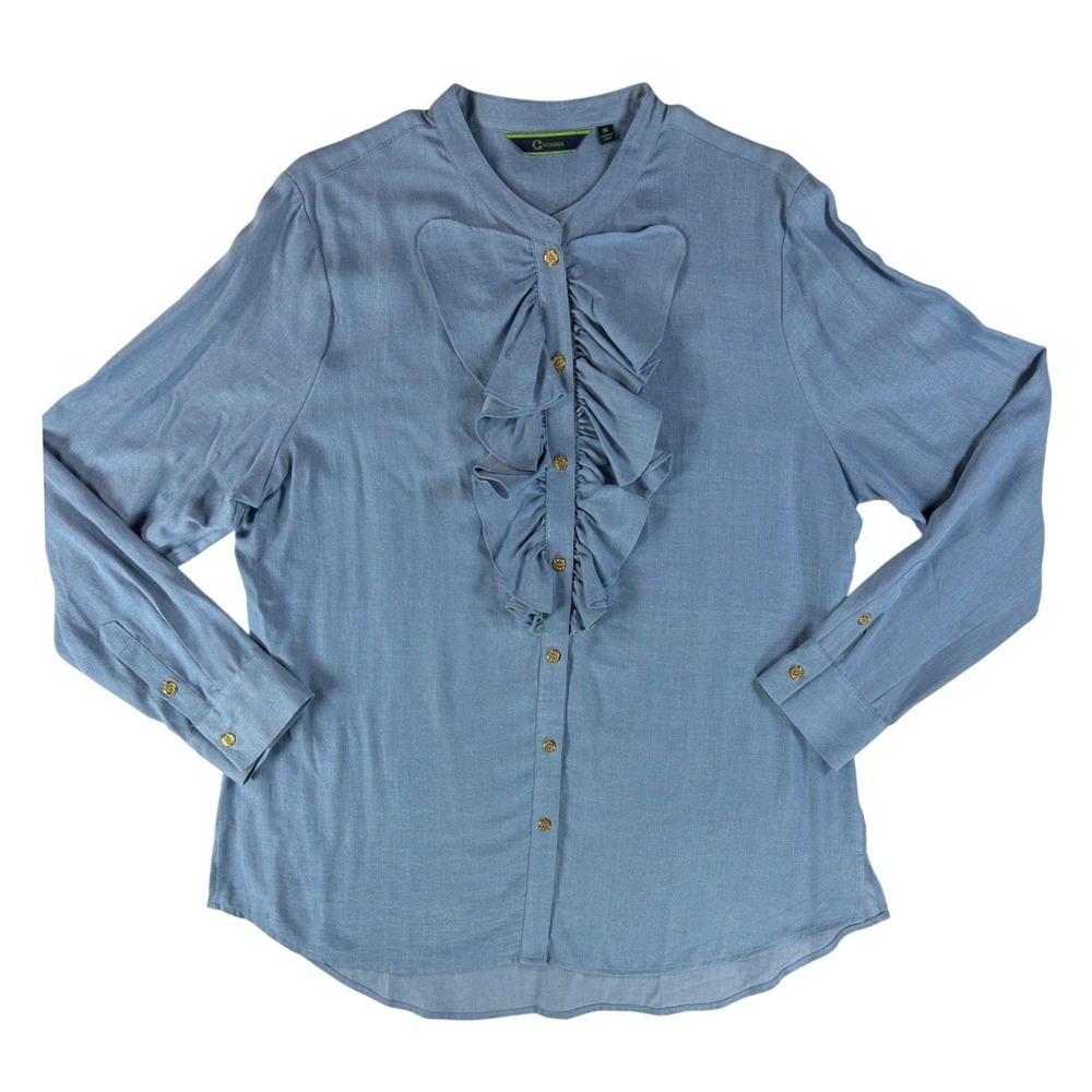 C. Wonder Ruffle Front Blouse 16W Chambray Denim Button Down Modern Elegant Chic - Picture 3 of 15